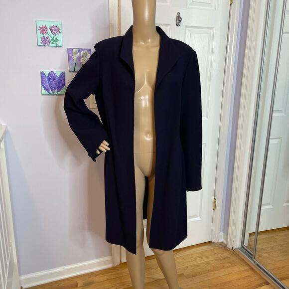 Dana Buchman jacket 14 navy blue wool open front knee length - Picture 2 of 10